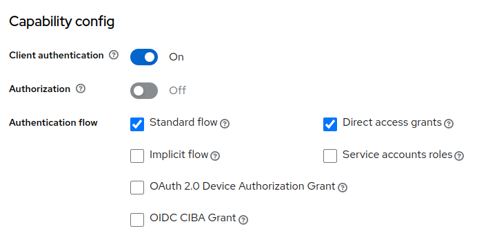 A section of the Keycloak client settings, showing a toggle named &quot;Client authentication&quot; set to on